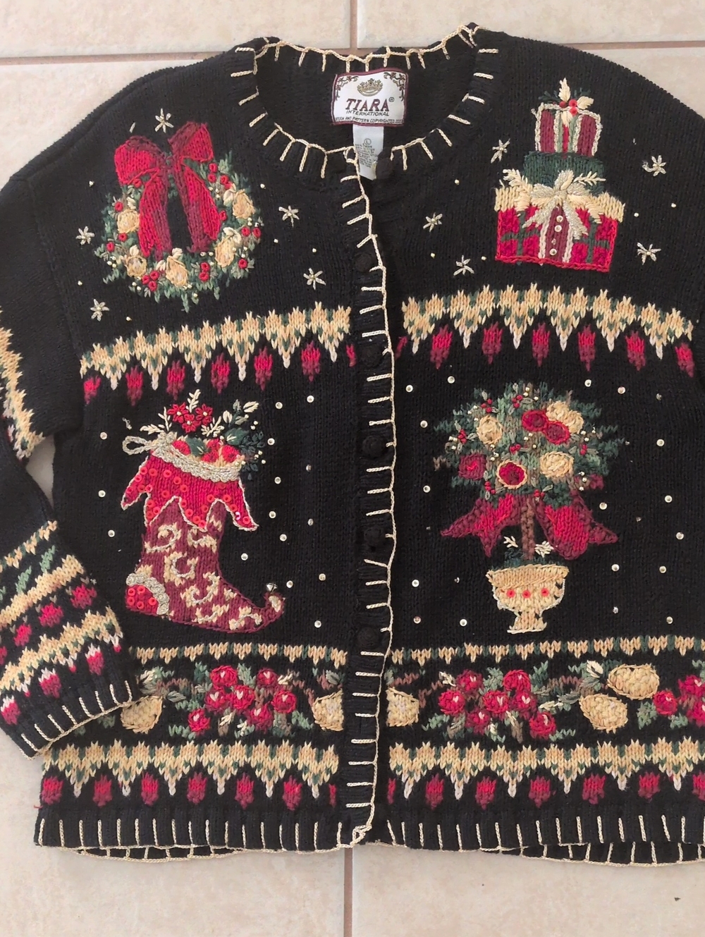 Vintage Tiara International Black & Gold Christmas Cardigan Size Large - Picture 2 of 7
